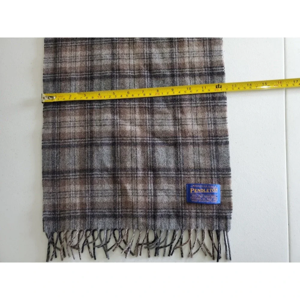 VTG‎ Pendleton Wool Scarf Mens Made in USA Grey Brown Plaid Pure Virgin Wool